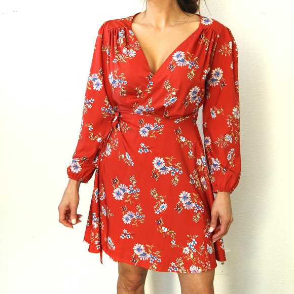 Dokotoo Mini Wrap Dress Floral Brick Adjustable - Picture 1 of 4